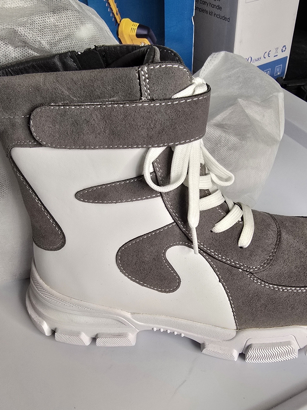 Gray and White Lace-Up Suede Sneaker Boot